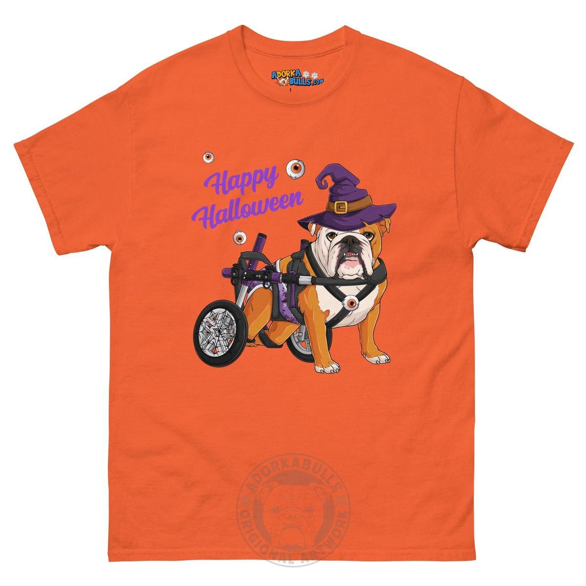 Happy Halloween Witch Wheelchair Tee – English Bulldog · Red &amp; White · Male – Orange