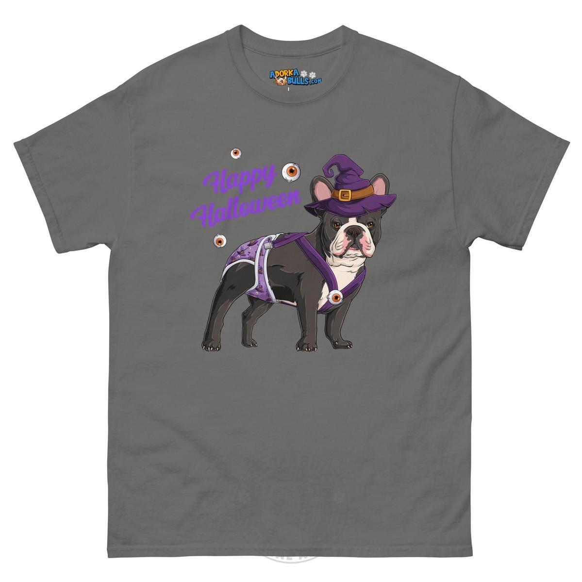 Happy Halloween Witch Spina Bifida Tee – Frenchie · Black &amp; White · Male – Charcoal