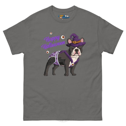 Happy Halloween Witch Spina Bifida Tee – Frenchie · Black &amp; White · Male – Charcoal
