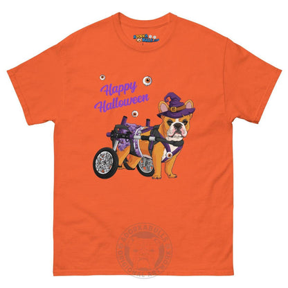 Happy Halloween Witch Wheelchair Tee – Frenchie · Red &amp; White · Female – Orange