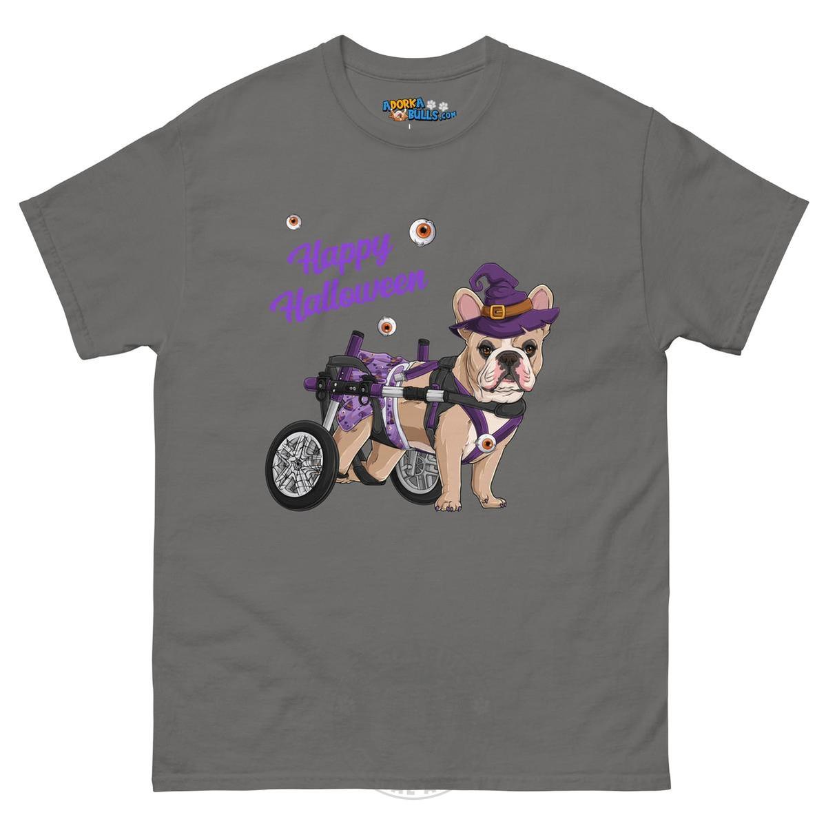 Happy Halloween Witch Wheelchair Tee – Frenchie · Fawn &amp; White · Female – Charcoal