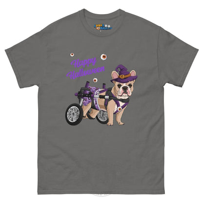 Happy Halloween Witch Wheelchair Tee – Frenchie · Fawn &amp; White · Female – Charcoal