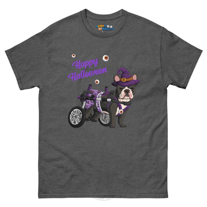Happy Halloween Witch Wheelchair Tee – Frenchie · Black &amp; White · Female – Dark Heather