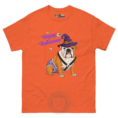 Happy Halloween Witch Spina Bifida Tee – English Bulldog · Red &amp; White · Male – Orange