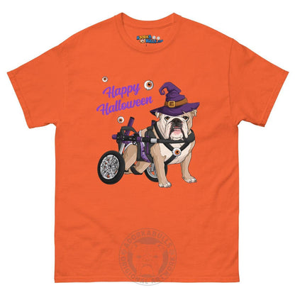 Happy Halloween Witch Wheelchair Tee – English Bulldog · Fawn &amp; White · Male – Orange