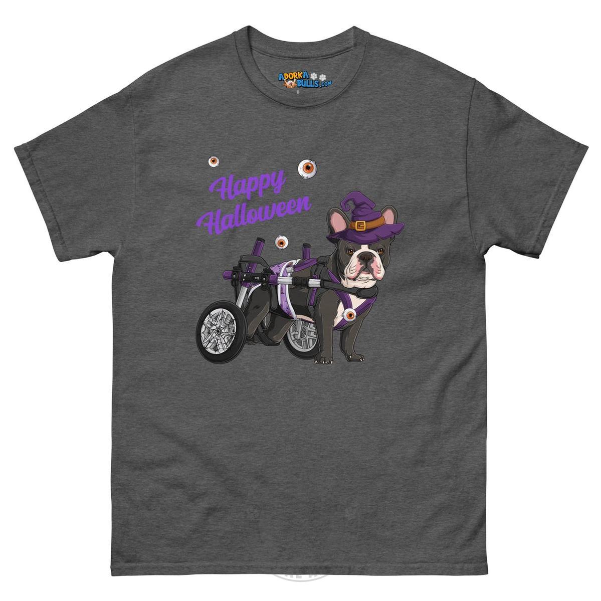 Happy Halloween Witch Wheelchair Tee – Frenchie · Black &amp; White · Male – Dark Heather