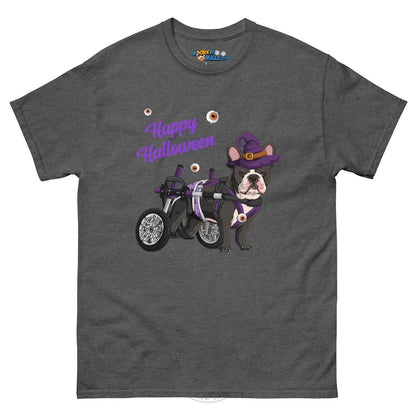 Happy Halloween Witch Wheelchair Tee – Frenchie · Black &amp; White · Male – Dark Heather
