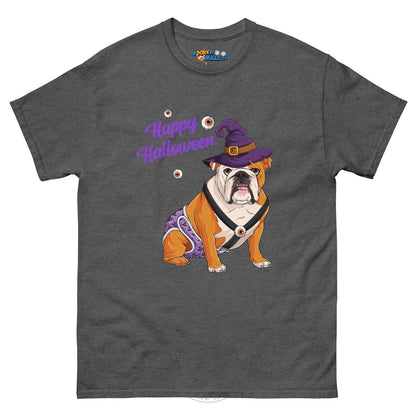 Happy Halloween Witch Spina Bifida Tee – English Bulldog · Red &amp; White · Male – Dark Heather