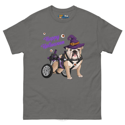 Happy Halloween Witch Wheelchair Tee – English Bulldog · Fawn &amp; White · Male – Charcoal