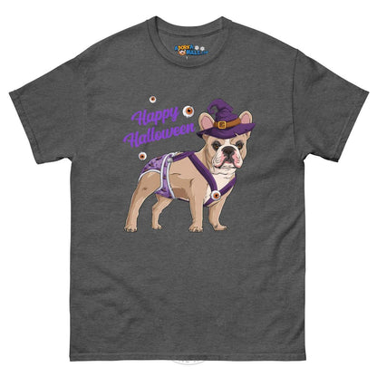 Happy Halloween Witch Spina Bifida Tee – Frenchie · Fawn &amp; White · Male – Dark Heather