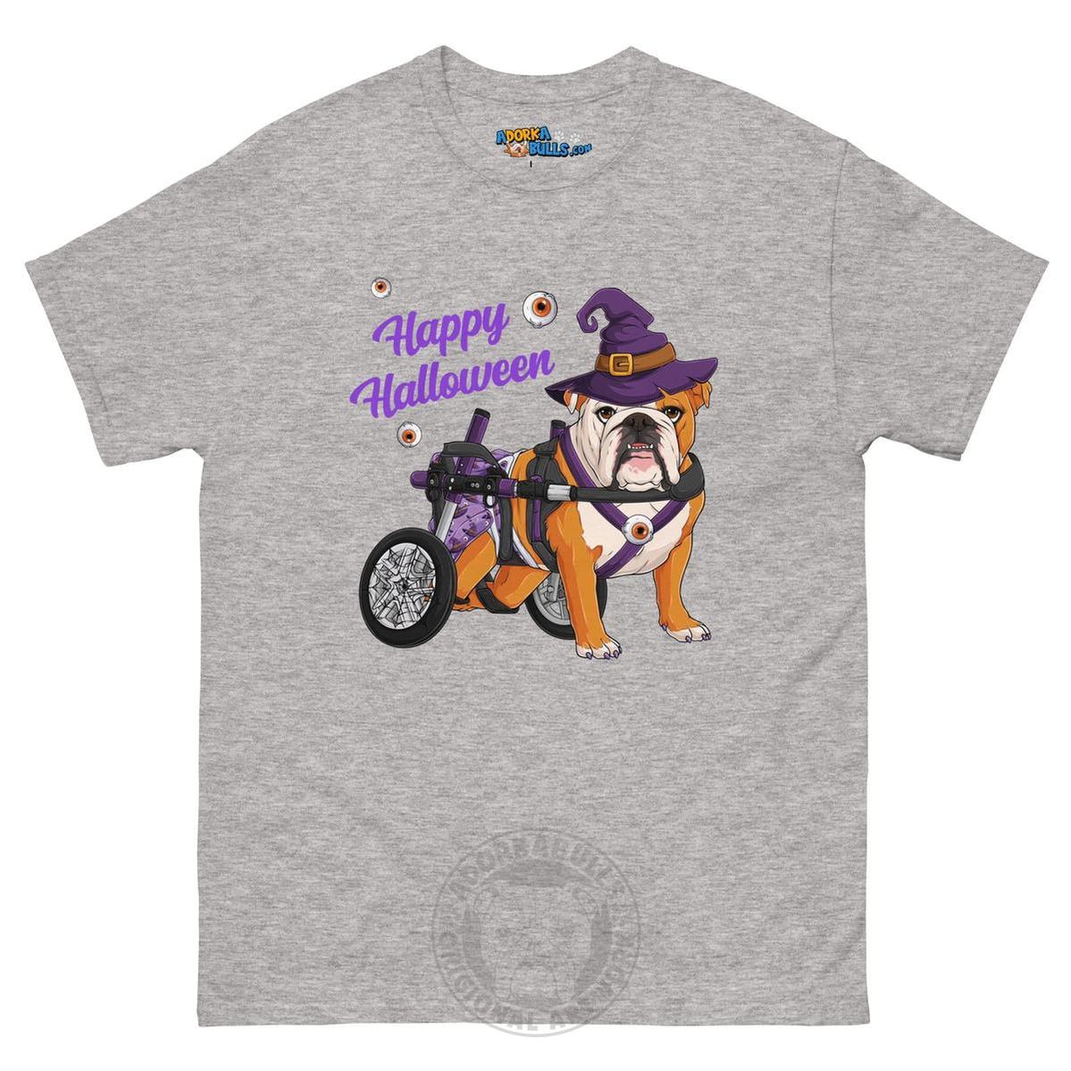 Happy Halloween Witch Wheelchair Tee – English Bulldog · Red &amp; White · Female – Sport Grey