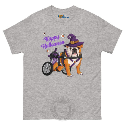 Happy Halloween Witch Wheelchair Tee – English Bulldog · Red &amp; White · Female – Sport Grey