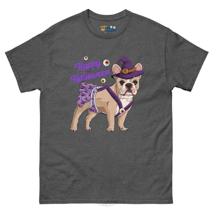 Happy Halloween Witch Spina Bifida Tee – Frenchie · Fawn &amp; White · Female – Dark Heather