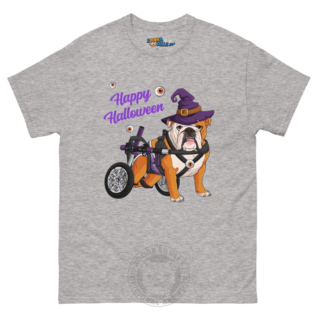 Happy Halloween Witch Wheelchair Tee – English Bulldog · Red &amp; White · Male – Sport Grey