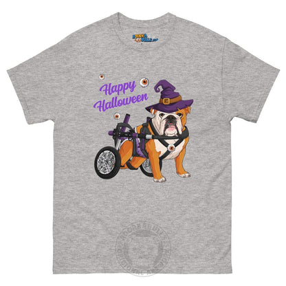 Happy Halloween Witch Wheelchair Tee – English Bulldog · Red &amp; White · Male – Sport Grey