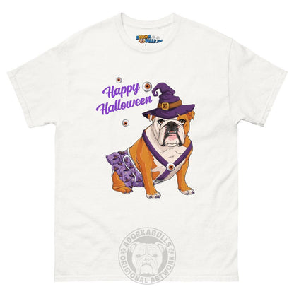 Happy Halloween Witch Spina Bifida Tee – English Bulldog · Red &amp; White · Female – White