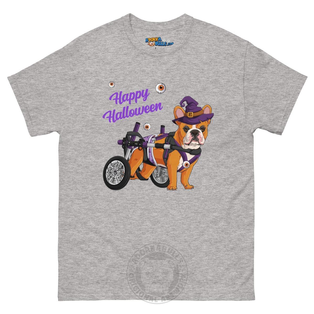 Happy Halloween Witch Wheelchair Tee – Frenchie · Red &amp; White · Male – Sport Grey