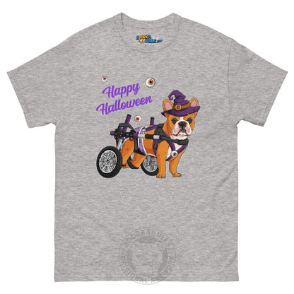 Happy Halloween Witch Wheelchair Tee – Frenchie · Red &amp; White · Male – Sport Grey