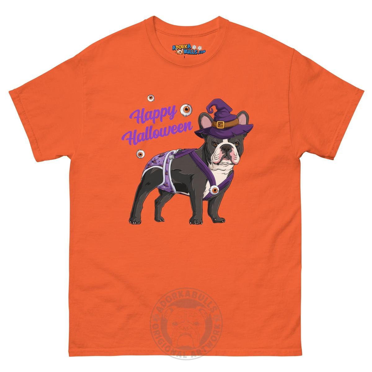 Happy Halloween Witch Spina Bifida Tee – Frenchie · Black &amp; White · Male – Orange