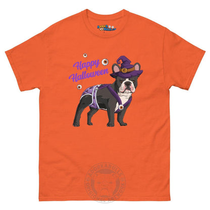 Happy Halloween Witch Spina Bifida Tee – Frenchie · Black &amp; White · Male – Orange