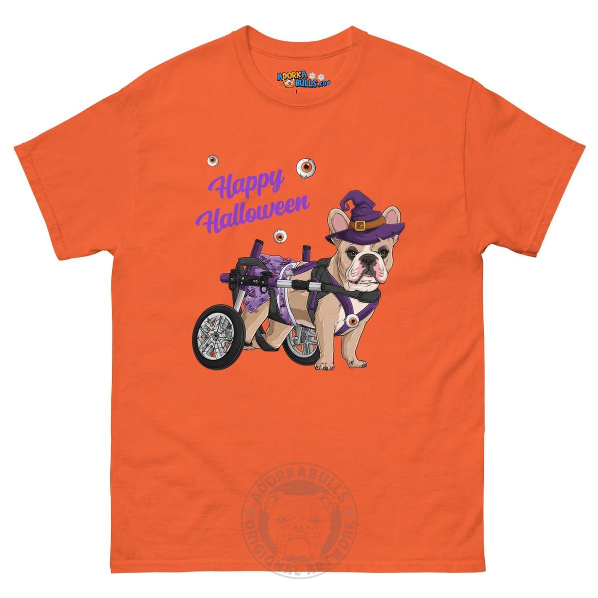 Happy Halloween Witch Wheelchair Tee – Frenchie · Fawn &amp; White · Female – Orange