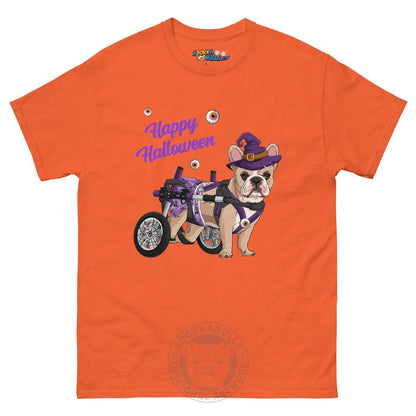 Happy Halloween Witch Wheelchair Tee – Frenchie · Fawn &amp; White · Female – Orange