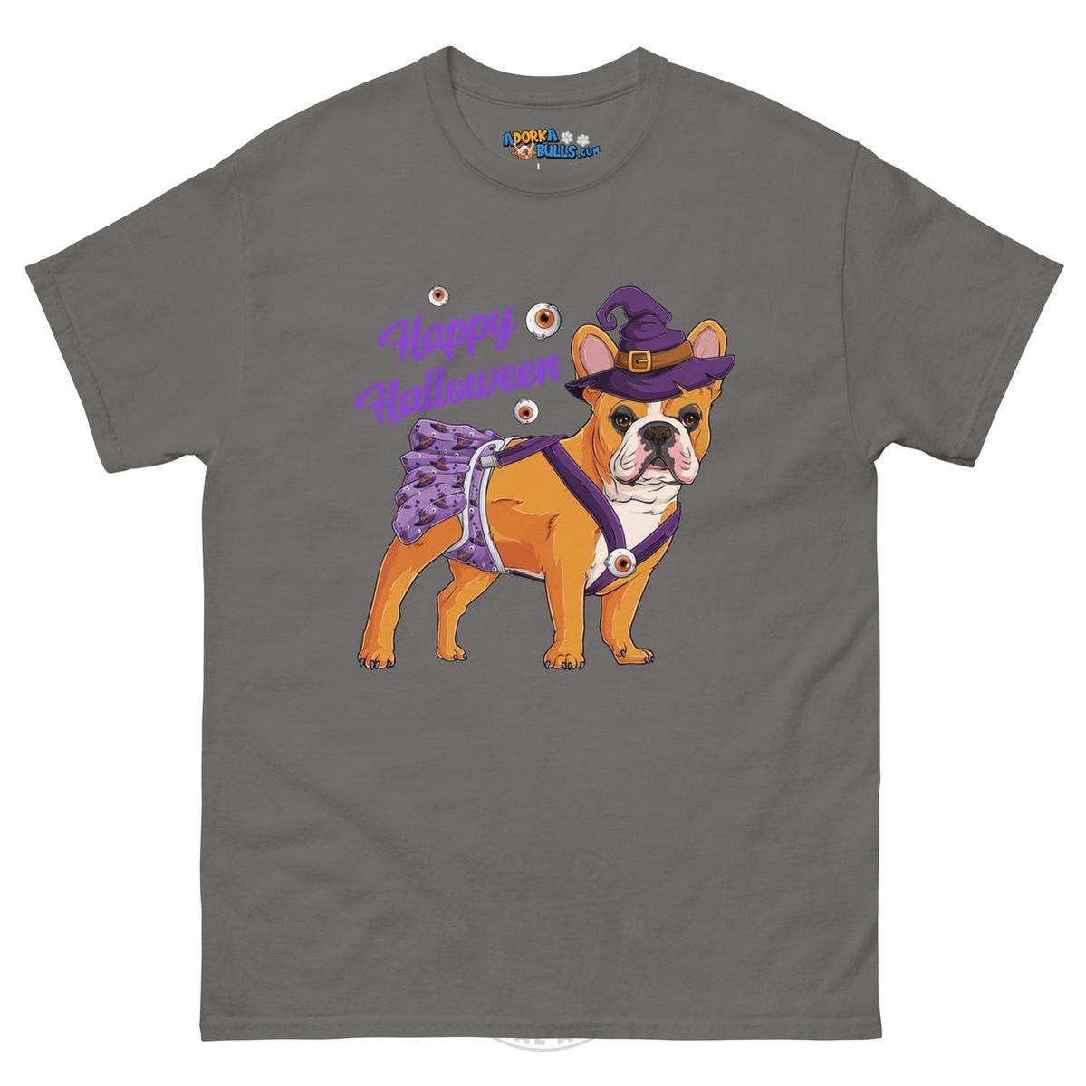 Happy Halloween Witch Spina Bifida Tee – Frenchie · Red &amp; White · Female – Charcoal