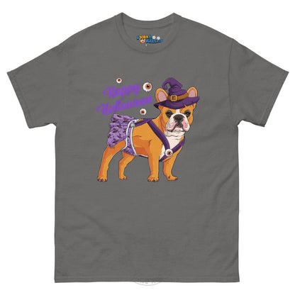 Happy Halloween Witch Spina Bifida Tee – Frenchie · Red &amp; White · Female – Charcoal