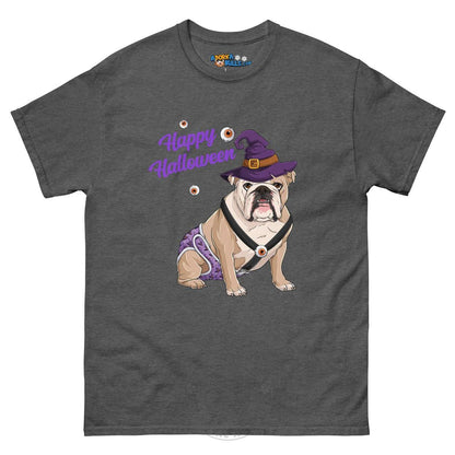 Happy Halloween Witch Spina Bifida Tee – English Bulldog · Fawn &amp; White · Male – Dark Heather
