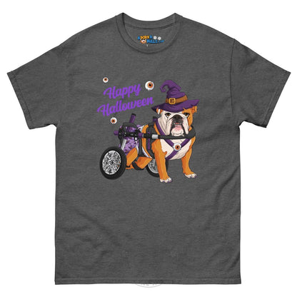Happy Halloween Witch Wheelchair Tee – English Bulldog · Red &amp; White · Female – Dark Heather