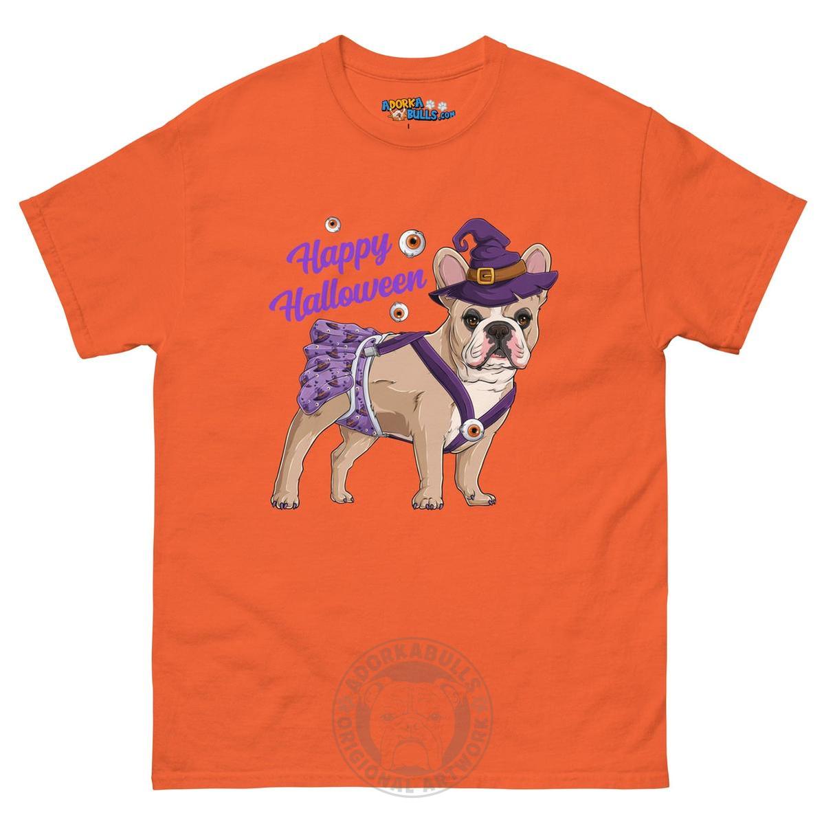 Happy Halloween Witch Spina Bifida Tee – Frenchie · Fawn &amp; White · Female – Orange