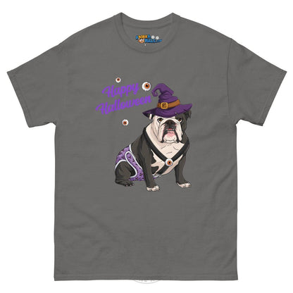 Happy Halloween Witch Spina Bifida Tee – English Bulldog · Black &amp; White · Male – Charcoal