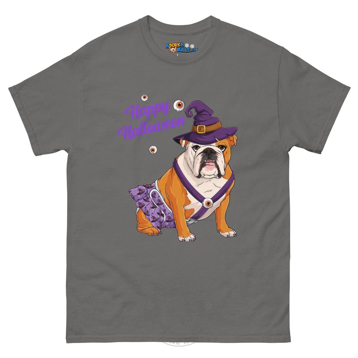 Happy Halloween Witch Spina Bifida Tee – English Bulldog · Red &amp; White · Female – Charcoal