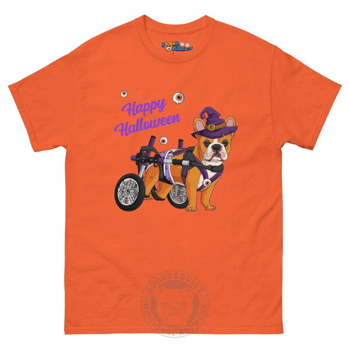 Happy Halloween Witch Wheelchair Tee – Frenchie · Red &amp; White · Male – Orange