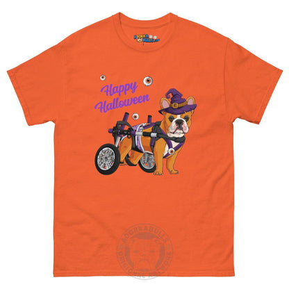 Happy Halloween Witch Wheelchair Tee – Frenchie · Red &amp; White · Male – Orange