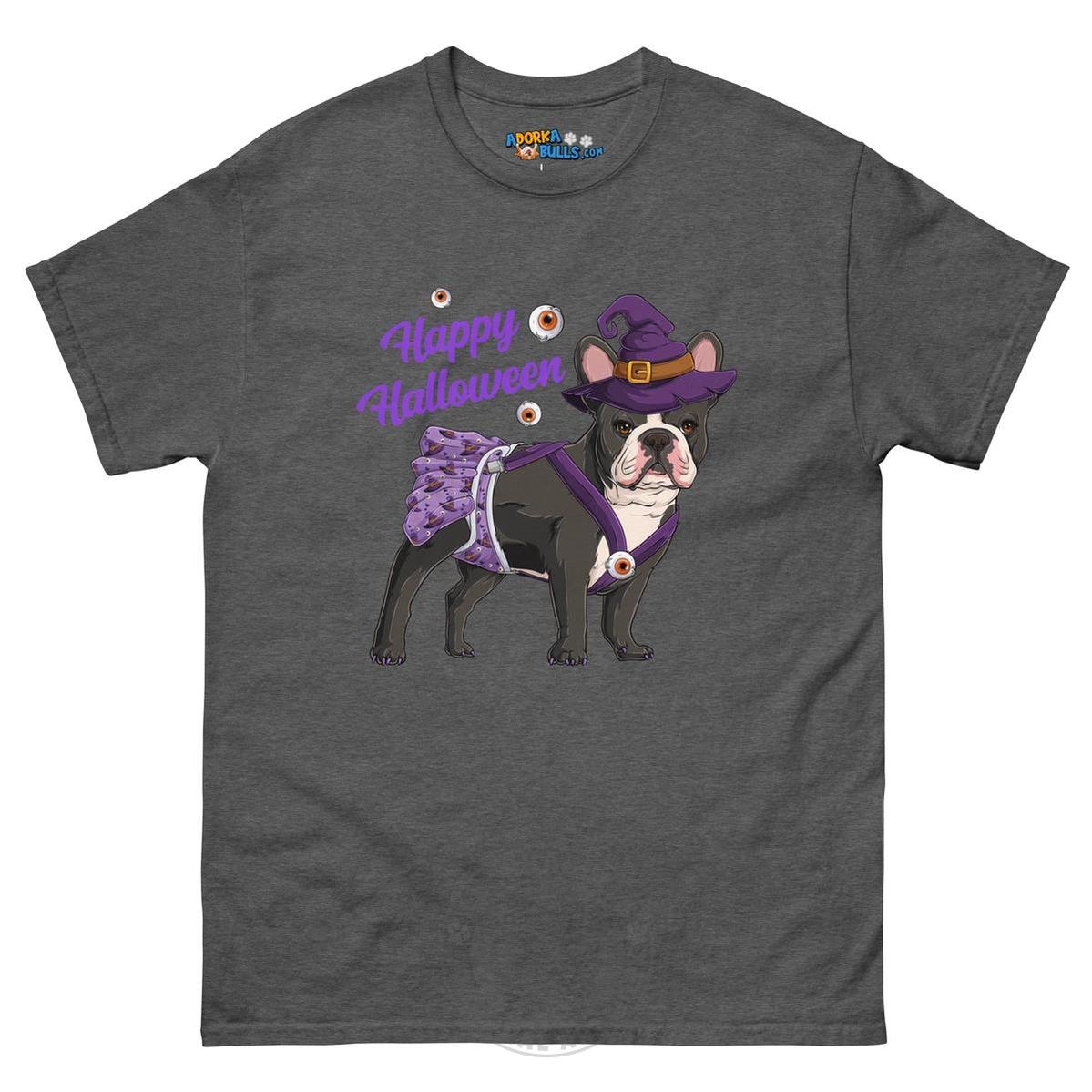 Happy Halloween Witch Spina Bifida Tee – Frenchie · Black &amp; White · Female – Dark Heather