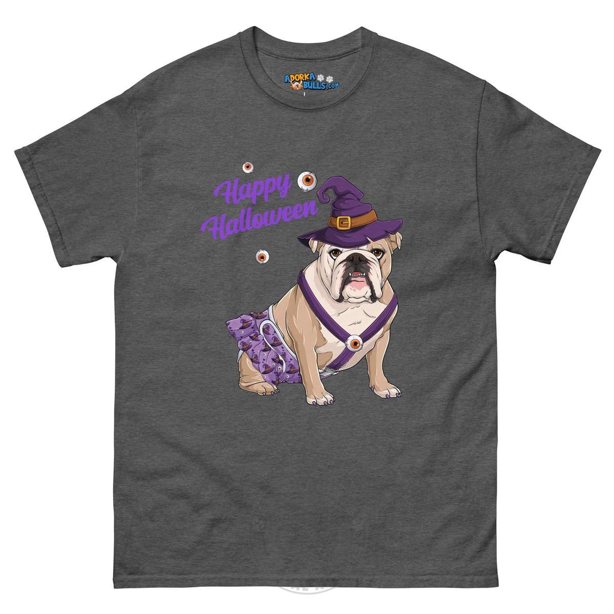 Happy Halloween Witch Spina Bifida Tee – English Bulldog · Fawn &amp; White · Female – Dark Heather