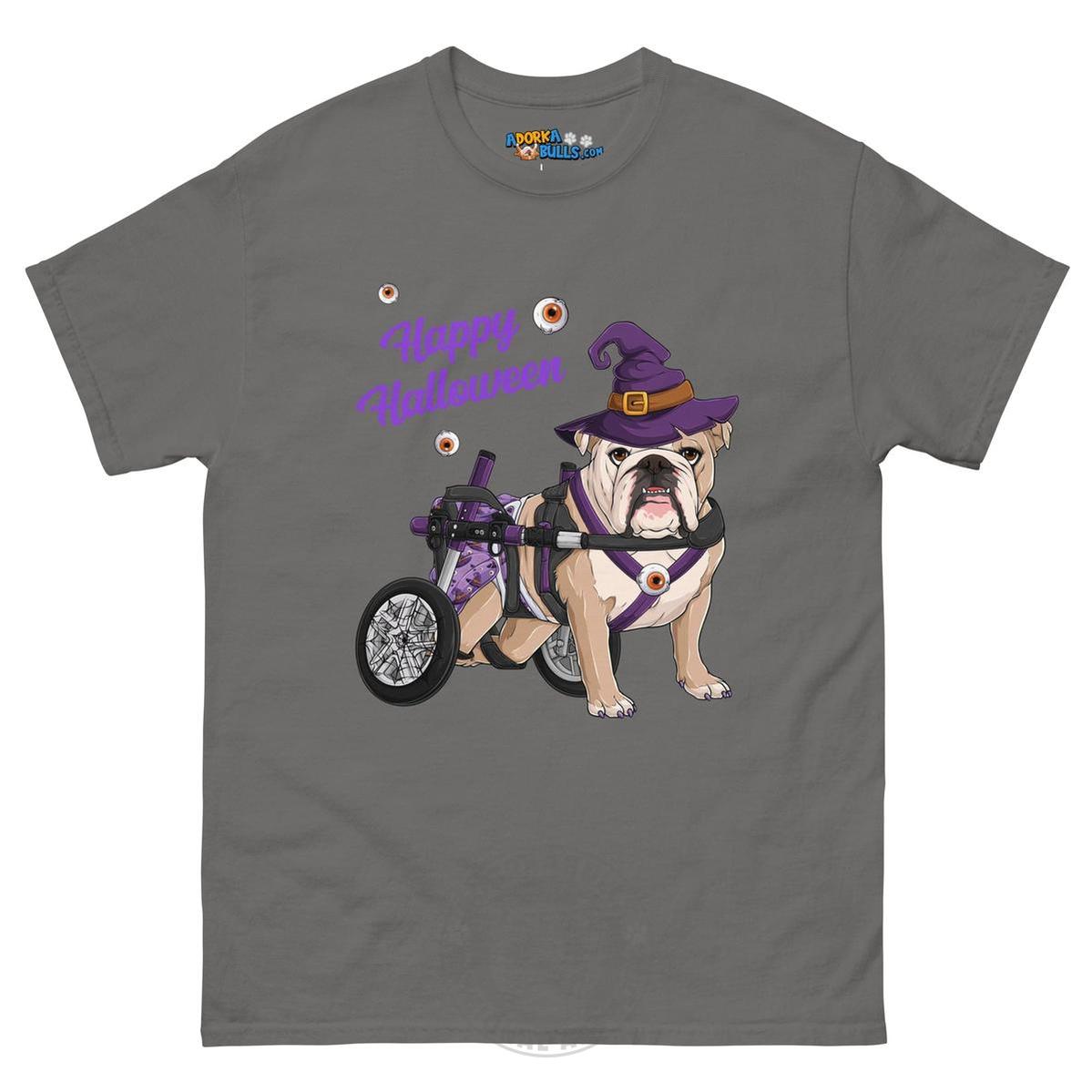 Happy Halloween Witch Wheelchair Tee – English Bulldog · Fawn &amp; White · Female – Charcoal