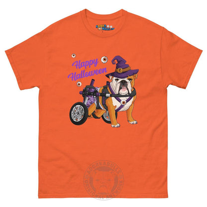 Happy Halloween Witch Wheelchair Tee – English Bulldog · Red &amp; White · Female – Orange
