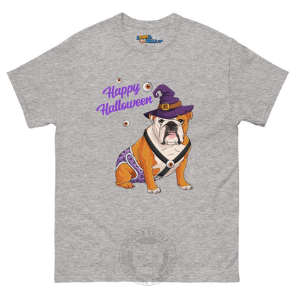 Happy Halloween Witch Spina Bifida Tee – English Bulldog · Red &amp; White · Male – Sport Grey