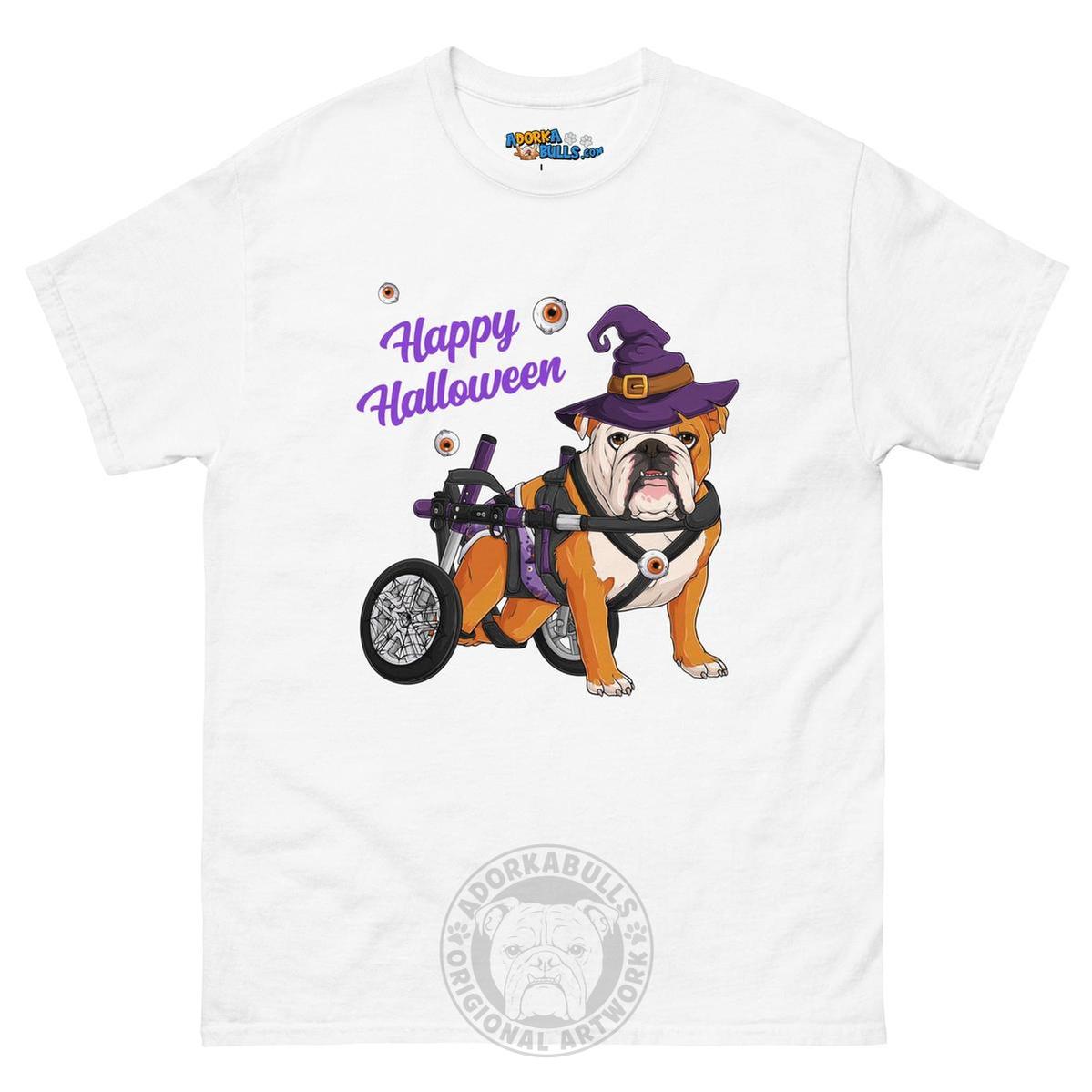 Happy Halloween Witch Wheelchair Tee – English Bulldog · Red &amp; White · Male – White