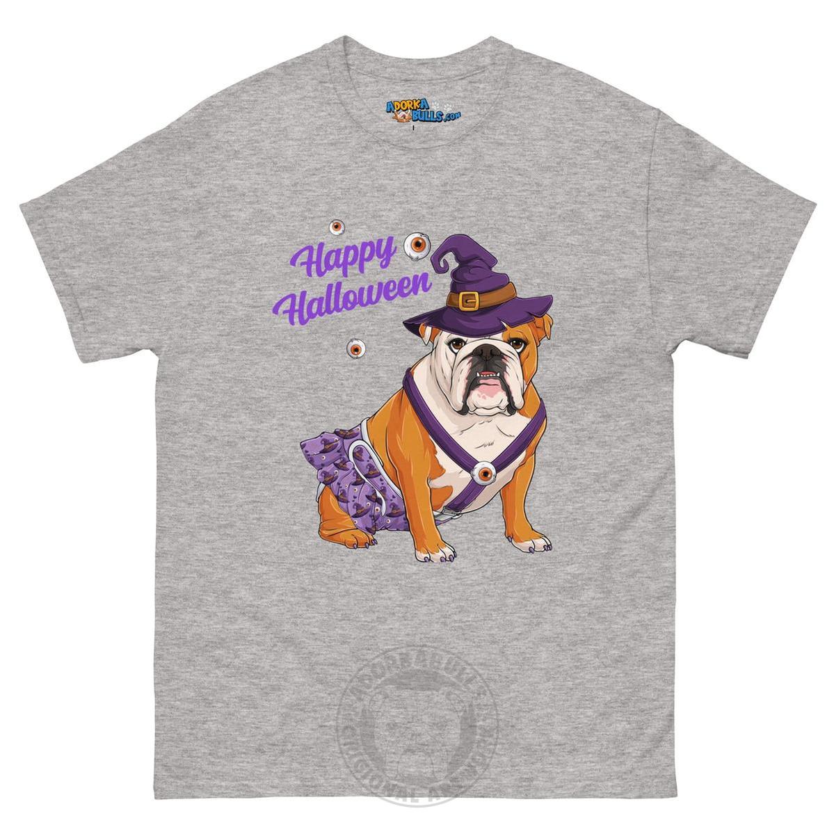 Happy Halloween Witch Spina Bifida Tee – English Bulldog · Red &amp; White · Female – Sport Grey
