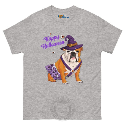 Happy Halloween Witch Spina Bifida Tee – English Bulldog · Red &amp; White · Female – Sport Grey