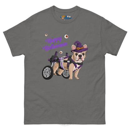 Happy Halloween Witch Wheelchair Tee – Frenchie · Fawn &amp; White · Male – Charcoal