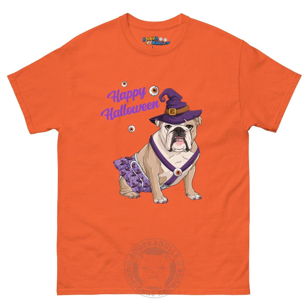 Happy Halloween Witch Spina Bifida Tee – English Bulldog · Fawn &amp; White · Female – Orange
