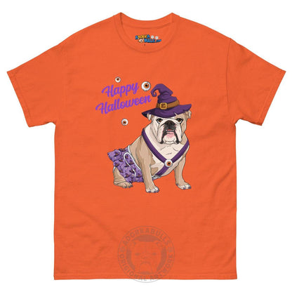 Happy Halloween Witch Spina Bifida Tee – English Bulldog · Fawn &amp; White · Female – Orange
