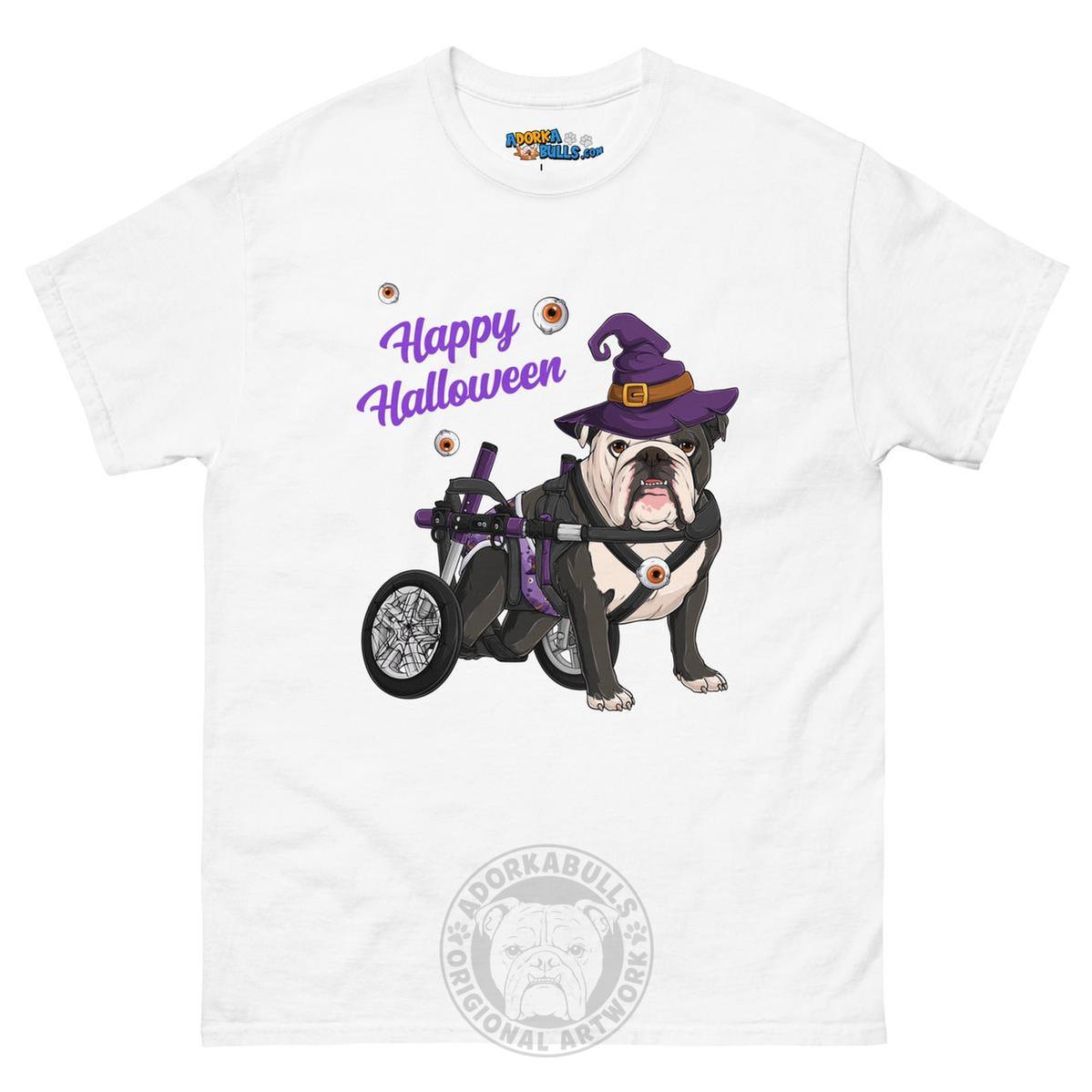 Happy Halloween Witch Wheelchair Tee – English Bulldog · Black &amp; White · Male – White