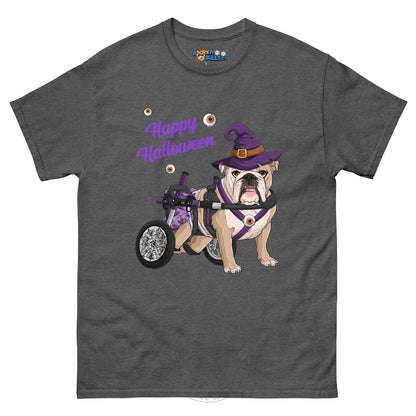 Happy Halloween Witch Wheelchair Tee – English Bulldog · Fawn &amp; White · Female – Dark Heather