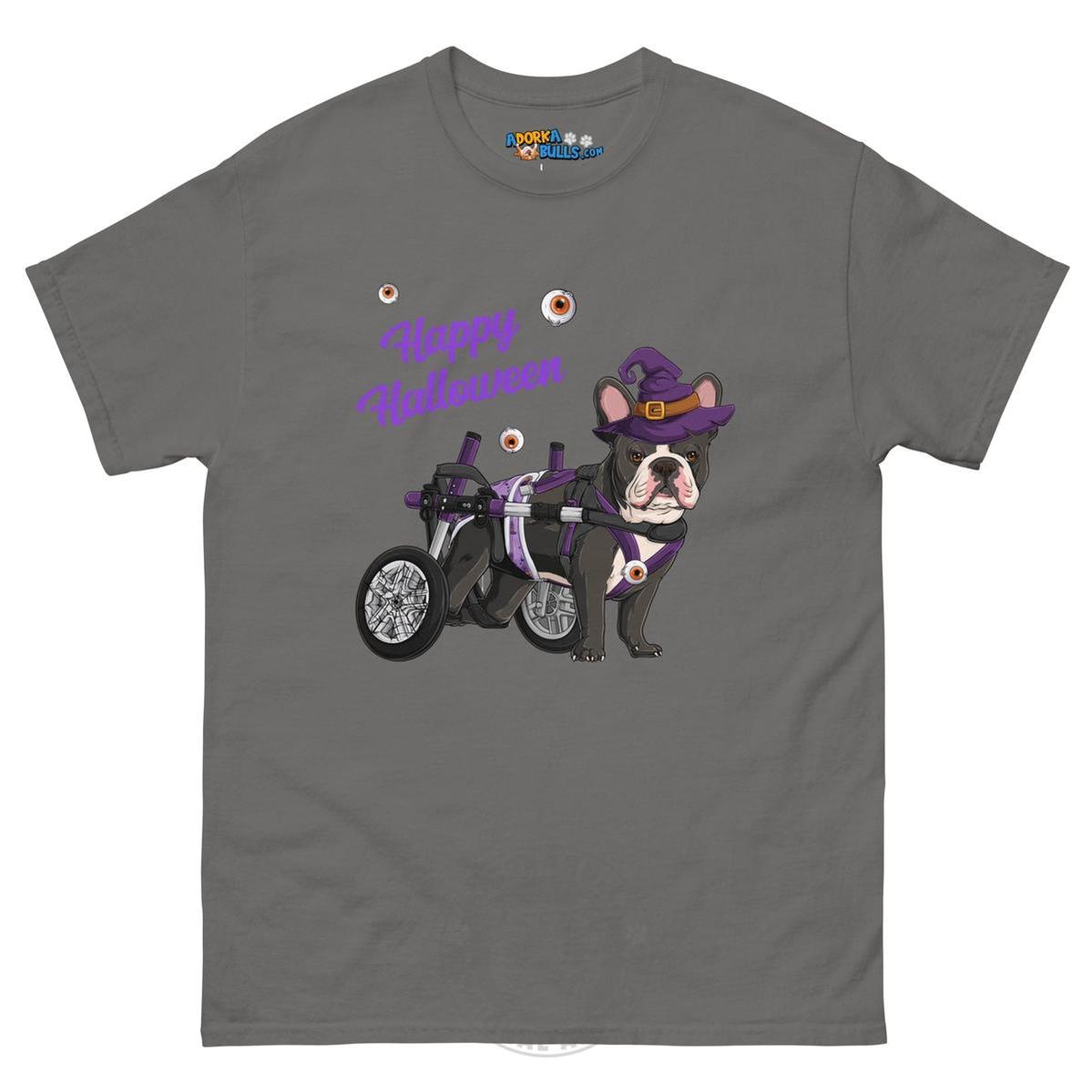 Happy Halloween Witch Wheelchair Tee – Frenchie · Black &amp; White · Male – Charcoal