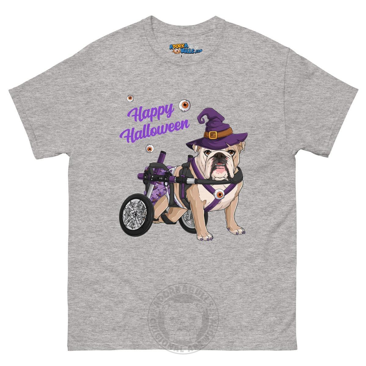 Happy Halloween Witch Wheelchair Tee – English Bulldog · Fawn &amp; White · Female – Sport Grey